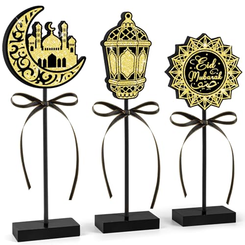 3 Pcs Eid Mubarak Decorations Ramadan Wooden Table Centerpieces - Glitter Crescent Mosque, Lantern & Eid Ornament for Ramadan Kareem, Eid Al-Fitr, Eid Al-Adha Home Party Table Decor - color: Black and Gold 2