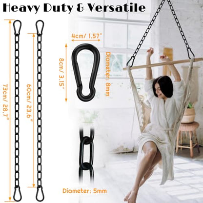 2Pcs 29" Swing Chain Kit – Heavy Duty Stainless Steel Chains with Carabiners for Hammock Chairs, Adjustable Porch Swings, Punching Bags – Black Coated Hanging Chain Extender Set – 660LB Load