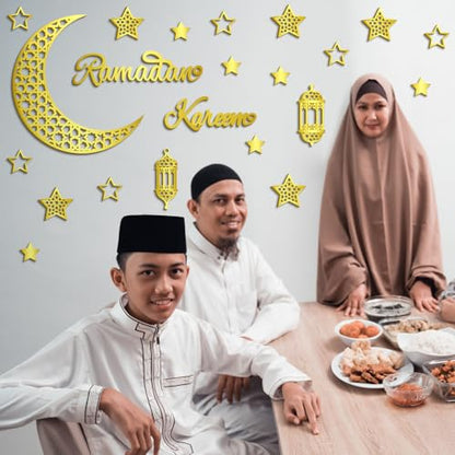Geelin 23 Pcs Ramadan Decorations for Home 2026 Eid Ramadan Kareem Mubarak Wall Decor Islamic Wooden Gold Moon Star Lantern Wall Art Sign for Living Room Bedroom Muslim Arabic Party Supplies(Kareem) - style: Kareem