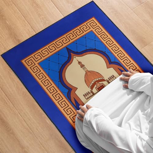 Muslim Prayer Rug Turkish Islamic Prayer Mat Thick Praying Carpet Janamaz Sajjadah Namaz Seccade Arabic Prayer Rug for Eid Ramadan - color: Blue-2