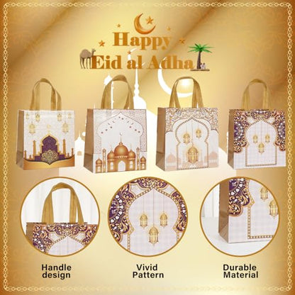 12pcs Large Eid Mubarak Gift Bags，Reusable Ramadan Bag with Handles ramadan Goodie bags Non Woven Eid Bag for Ramadan Kareem Eid Mubarak Party Supplies