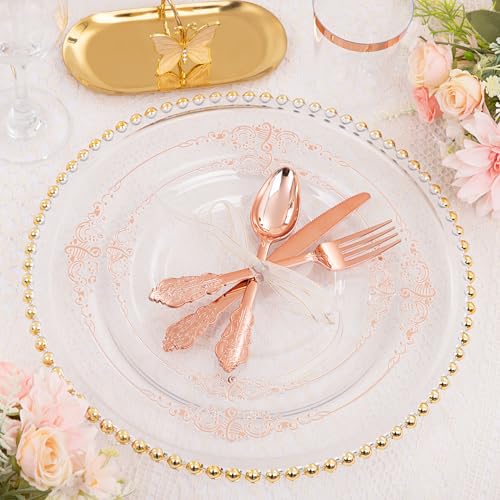 Hioasis 175pcs Clear Rose Gold Plastic Plates - Elegant Disposable Dinnerware Set Suitable for 25 Guests Include 10.25" Dinner & 7.5" Dessert Plates, Cutlery, Napkins, Cups for Party - color: Clear and Rose Gold