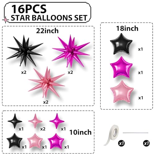 Black Hot Pink Star Balloons,16Pcs 22/18/10 Inch Foil Mermaid Decor Set - color: Black Hot Pink