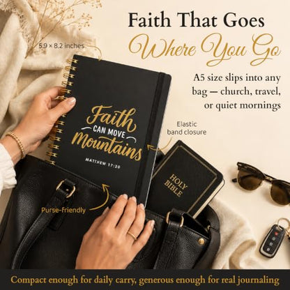 Only Zest Hardcover Blank Christian Notebook – 140 Pages - Matthew 17:20 | Lined Pages with Bible Verse Cover – Inspirational Writing Spiral Notebook for Bible Study, "Faith Can Move Mountains", Black - color: Faith_Black
