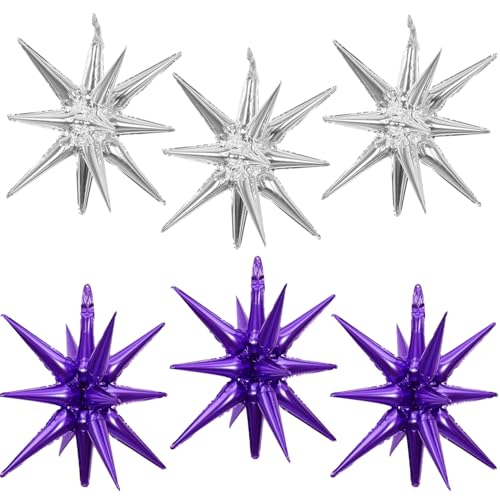 6 Pcs Silver Star Foil Balloons One-Piece 14-Pointed Star Balloon 4D Starburst Cone Mylar Balloon 22inch Christmas Birthday Wedding Wedding Anniversary Party Supplies (Silver + Purple) - color: 22 Inches Silver + Purple