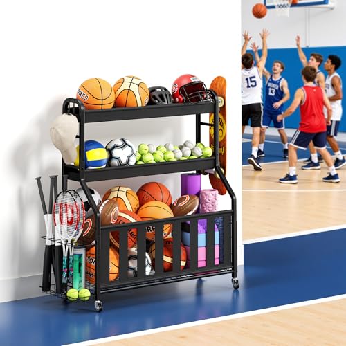 Sports Equipment Organizer, Large Capacity Garage Ball Storage Rack with Wheels, Heavy-Duty Rolling Ball Cart for Basketball, Soccer & Sports Gear