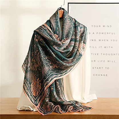 ANDANTINO 100% Silk Long Scarf-Women Large Oblong Shawls with Gift Packed - color: Green&pink Leaves
