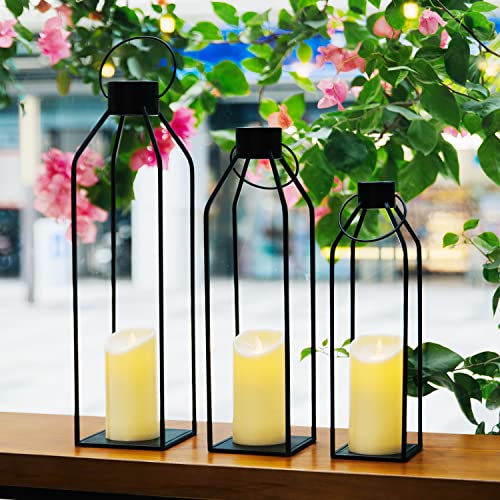 HPC Decor 55.9cm(22인치) 48.3cm(19인치) 48.6cm(16인치) 랜턴 장식, 깜박이는 타이머 캔들 포함 - 톨 라지 블랙 메탈 캔들 랜턴 3개 세트 - 실내, 실외, 탁상, 현관을 위한 현대적인 농가 장식 (유리 없음) - size: 22inch,19inch and 16inch（Black）