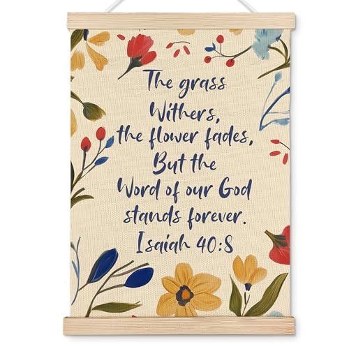 OHDCE Christian Bible Verse Wall Art Poster Hanger Frame, Christian Home Decor, Boho Retro Floral Scripture Isaiah 40:8 Canvas Wall Prints Artwork for Home Living Prayer Room Decor, 12x16 Inch - color: Christian Bible Verse