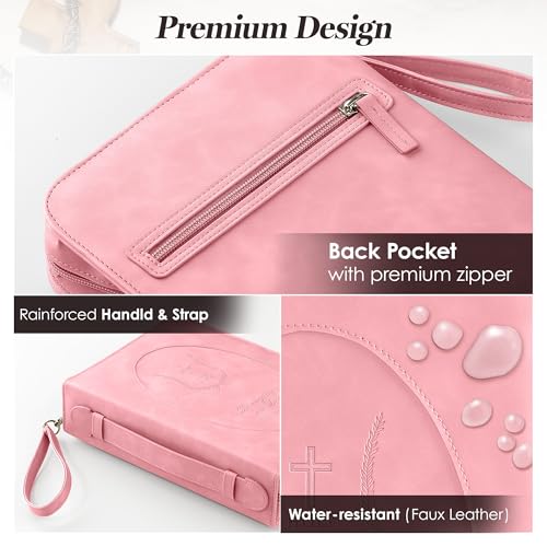 Leather Bible Cover for Women, Zippered Floral Bible Case with Handle, Pink | Bible Study, Church, Journaling & Travel - color: Pink