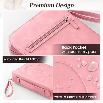Leather Bible Cover for Women, Zippered Floral Bible Case with Handle, Pink | Bible Study, Church, Journaling & Travel - color: Pink