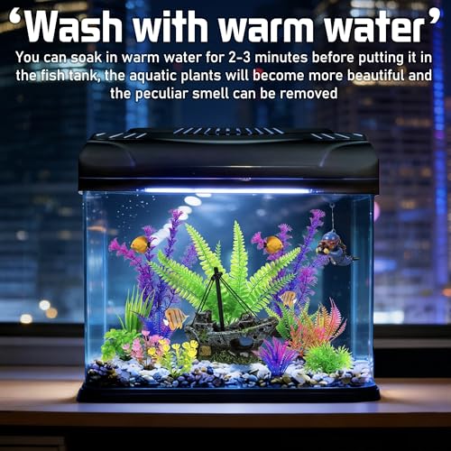 Ameliade Fish Tank Decor Set with Shipwreck Decoration, Little Diver Floating & 13 Aquatic Artificial Plants - Betta Plants & Hiding Spots for Aquariums and Small Fish Tank Accessories
