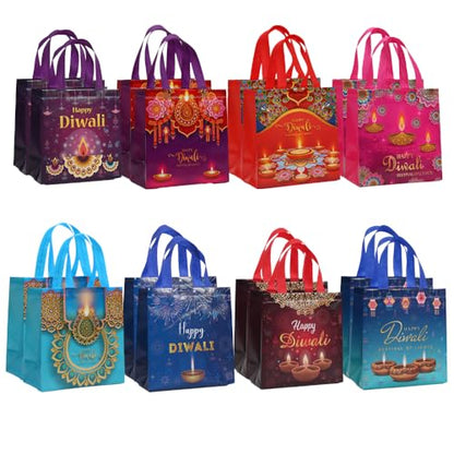 Colodeol 16 Pcs Diwali Gift Bags, Happy Diwali Tote Bags with Handles Non-woven Treat Bags Bulk for Indian Light Festival Party Decoration Favor