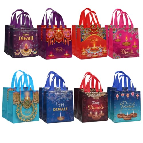 Colodeol 16 Pcs Diwali Gift Bags, Happy Diwali Tote Bags with Handles Non-woven Treat Bags Bulk for Indian Light Festival Party Decoration Favor