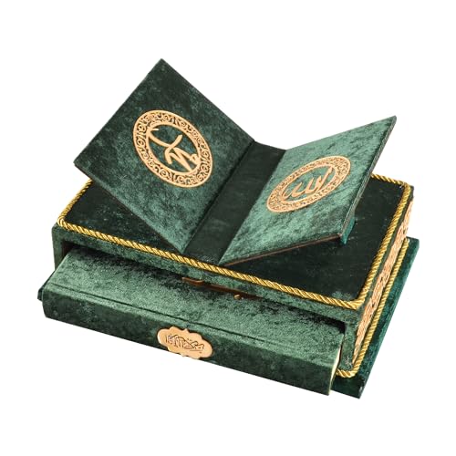 Quran Book with Wooden Rahle Stand – Green Hardcover Islamic Gift Set for Eid, Ramadan, Muslim Men & Women - color: Green