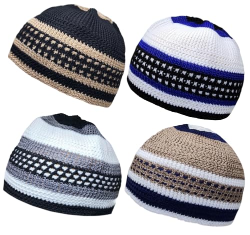 Set 4 Assorted Color Muslim Beanie Skull Skull Cap AMN-260 Islam Crochet Takke Kufi Hat Eid Ramadan Gift