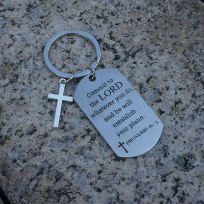 Inspirational Scripture Keychain with Cross - Bible Verse Matte Key Chain Religious Gift for Christian - style: Proverbs 16:3