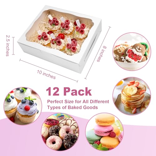 12pcs10x8x2.5 Inch White Bakery Boxes Treat Boxes with Window for Pastry, Cookie, Desserts, Chocolate Strawberries, Pies, Donuts, Muffins,Cupcake
