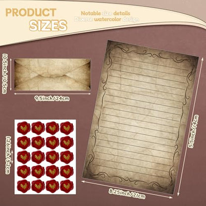 TaoBary 160 Pcs Stationery Paper Set 50 Double Sided Stationery Papers with 50 Matching Envelopes and 60 Round Dot Sticker, 10 Design(Vintage,8.5 x 11 Inch) - size: 8.5 x 11 Inch, style: Vintage