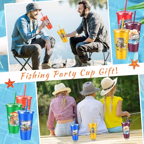 Chuangdi 12 Pcs Fishing Cups with Lid Straw 24oz Party Decorations, Fishing | Reusable Plastic Fishing Tumblers with Lid and Straw, Fishing Birthday Party Decorations, Fishing Gift for Fathers Men - style: Fishing