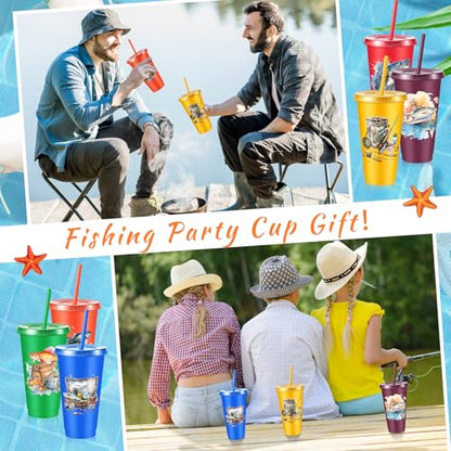 Chuangdi 12 Pcs Fishing Cups with Lid Straw 24oz Party Decorations, Fishing | Reusable Plastic Fishing Tumblers with Lid and Straw, Fishing Birthday Party Decorations, Fishing Gift for Fathers Men - style: Fishing