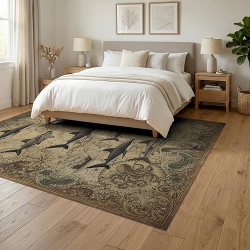 6'x9' Washable Traditional Wave Area Rug, Beige Non-Shedding Pet Friendly Room Rug for Queen Size Bedroom, Under Bed, Master Suite, Foldable Easy Care Carpet | Ref:2068056 - color: Beige/Pattern 21, size: 6' x 9' (Rectangular)