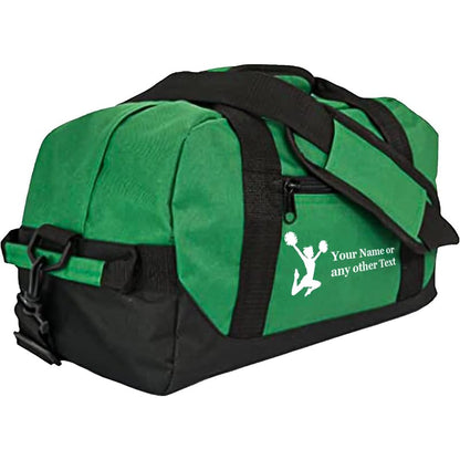 Personalized Passion 14” Small Sports Duffel Bags for Kids - Waterproof Travel Duffle with Name & Cheerleading Design - Dark Green Two-Toned Kids Weekender Bag for Boys and Girls - color: Dark Green, style: Cheerleading