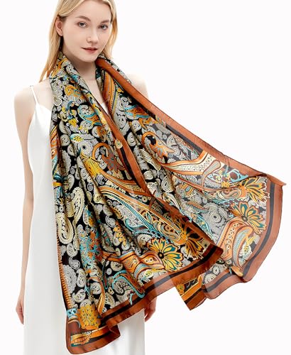 Women Silk Scarves Long Satin Lightweight Outdoor Shawl Wraps Printed Head Scarf 70''X35'' - color: 103-black/Orange