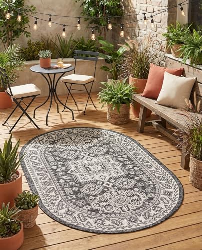 Rugs.com - Outdoor Aztec Rug – 3' 1 x 5' 3 Oval Charcoal Gray Indoor/Outdoor Rug – Weather Resistant, Easy Clean, Perfect for Patios and Decks - color: Charcoal Gray, size: 3' x 5' (Oval)