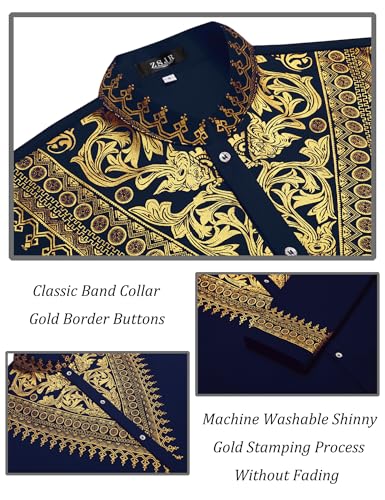 Mens African 2 Piece Set Metallic Traditional Suit Gold Stamp Printed African Dashiki Shirt and Pants Outfit - color: Navy Blue, size: Large