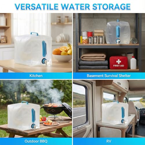4-Pack 5.3Gal Collapsible Water Containers with Spigot - Labor-Saving Dual Handles - BPA Free Canteen for Outdoor Hiking, Camping, Emergency - Portable, Foldable