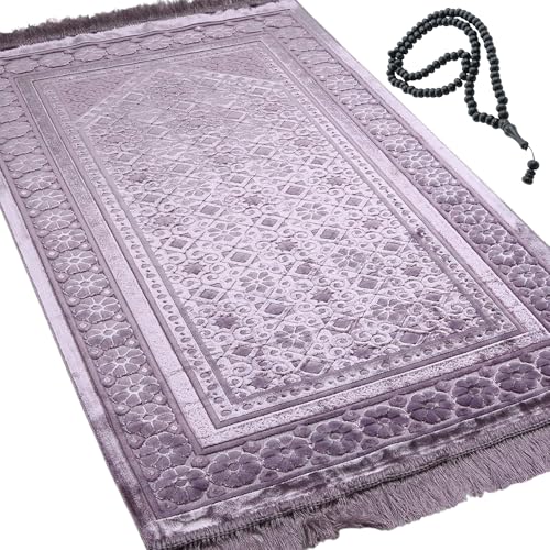 Modefa Velvet Prayer Rug - Soft Plush Turkish Janamaz Sajada Carpet for Men and Women - Plain Solid Prayer Mat Ramadan Eid Gift - with Prayer Beads - Luxury Floral Stamp (Lilac) - color: Lilac