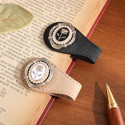2PCS Magnetic Bookmarks with Pen Clip, Leather Bookmarks for Women, Magnetic Pen Holder Book Accessories, Gold Rose - style: Gold Rose