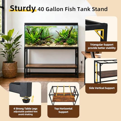 40 Gallon Tank Stand with Power Outlets - Heavy Duty Metal Fish Tank Stands for Turtle Reptile Terrarium, 2-Tier Aquarium Stand with Adjustable Wood Storage Shelf, 660LBS Capacity (Rustic Brown, 36.6"x18.5"x29") - color: Rustic Brown-with Power Outlets, s