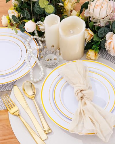 Supernal 60PCS Gold Plastic Dinnerware Set (Service for 12 Guests) - Heavy Duty White Gold Plates with Disposable Silverware for Graduation Party, Summer Wedding, BBQ & Birthday - color: 60pcs White and Gold Plastic Dinnerware set