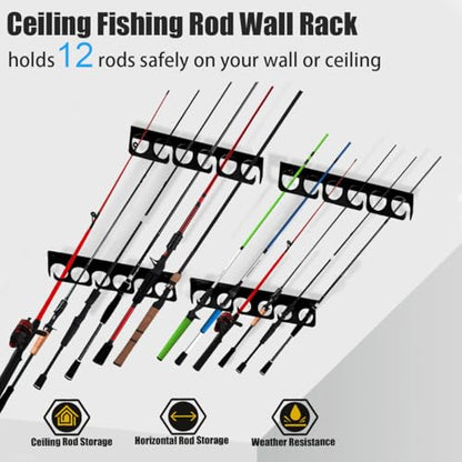 Fishing Rod Rack Pole Wall or Ceiling Storage Holder Hook Keeper Display Hanger Organizer Mount for Garage, Cabin Storeroom Porch and Basement Poles Holds 12 Rods Heavy Duty Metal safe - style: Store 12 Rods