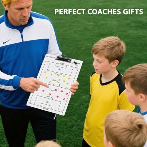 Magnetic Soccer Coaches Clipboard, White Double-Sided Dry Erase Coach Board, Tactics Whiteboard with Color Magnetic Sticker and 2 Markers for Coaches Gift - style: Soccer-B