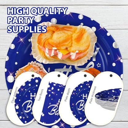 96Pcs Blue and Silver Birthday Party Decorations Silver Polka Dots on Blue Paper Plates and Napkins Disposable Tableware for Men Birthday Party Father's Day Graduation Decorations 2026 Serves 24 - style: Blue Sliver Wave Point Birthday Sets