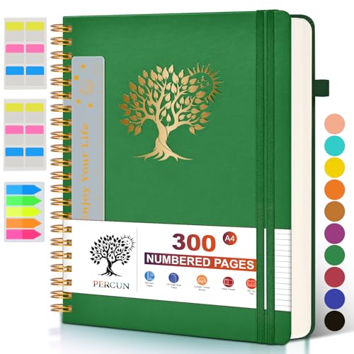 Large Spiral Notebook Journal for Women Men - 300 Numbered Lined Pages, College Ruled, A4 Hardcover Spiral Bound Notebook for School, Work, Note Taking, Writing, Leather Spiral Journal 8.5"x11" - color: Green, size: A4 size (8.5in x 11.5in)