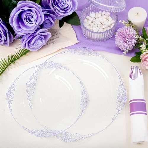 Hioasis 175pcs Clear and Purple Plates - Party Plates for 25 Guest, Include 50 Heavy-duty Plates(20% Thicker Than Standard), 25 Pre Rolled Plastic Silverware Set, 25 Cups for Graduation - color: Clear and Purple