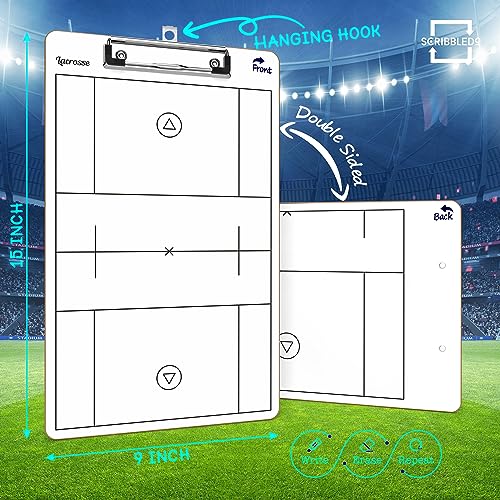SCRIBBLEDO Lacrosse Dry Erase White Board for Coaches 15x9 Double Sided Coaching Clipboard with Field Diagram Lineup Sheet and Score Tracker for Games and Practice