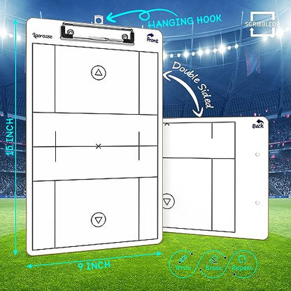 SCRIBBLEDO Lacrosse Dry Erase White Board for Coaches 15x9 Double Sided Coaching Clipboard with Field Diagram Lineup Sheet and Score Tracker for Games and Practice