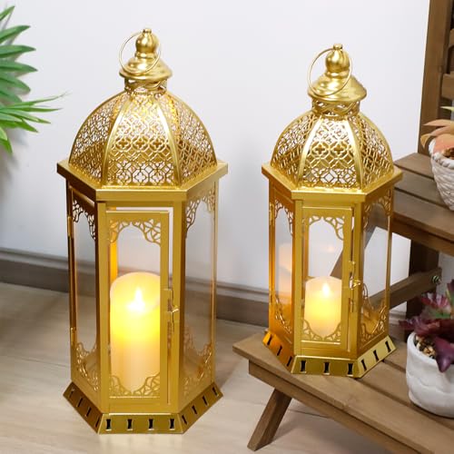 JHY DESIGN Set of 2 Outdoor Candle Lanterns 22"&17" H Decorative Vintage Metal Candle Holders for Garden Porch Indoor Outdoor Parties Weddings Patio Home Decor(Gold) - color: 22"&17"H Gold
