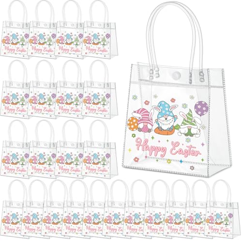 Aliceset 24pcs Happy Easter Gift Bags Bulk - Easter Clear PVC Bunny Gift Bags with Handle Reusable Candy Party Favor Totes for Snack Candy Treat Party Favor (Gnome, 6.31"x 5.91"x 3.15") - style: Easter Gnome