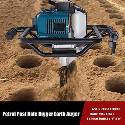 Auger Post Hole Digger, Gas Powered Earth Post Hole Digger Post Holes Earth Digger Petrol Drill Borer Bulb Planting Drill Fence Hole Maker Machine (52CC 2.3HP 1.7KW) - size: 52CC 2.3HP 1.7KW