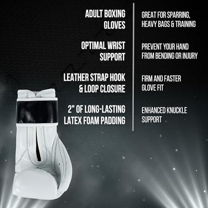 CLETO REYES Training Gloves with Leather Strap & Attached Thumb and Hook & Loop Closure, 16oz, White