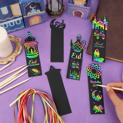 JUNEBRUSHS 30Pcs Ramadan Crafts, Rainbow Magic Ramadan Scratch Bookmarks for amadan Gifts Eid School Classroom Activities Ramadan Arts and Crafts Eid Party Favors - style: Ramadan Style