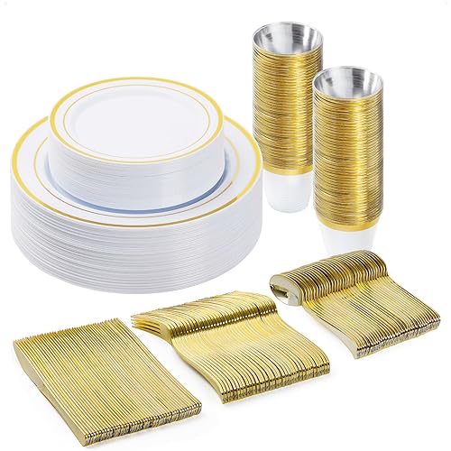 BESTVIP 150PCS Plastic Dinnerware Set, Gold Disposable Plates - color: Gold, size: 25 Guests