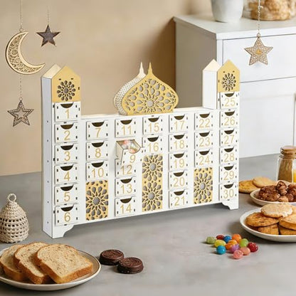 Wooden Ramadan Countdown Calendar, Eid Mubarak Advent Calendar with Drawer, Mosque Shaped Fillable Muslim Ramadan Decoration for Home Holiday Tabletop Decor Gift Party Supply