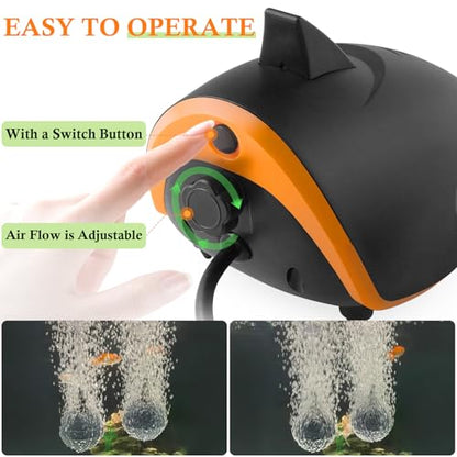HITOP 4W 110GPH Powerful Aquarium Air Pump, Quiet 2-outlets Aquarium Aerator, Adjustable Fish Tank Air Pump with Accessories, for 20-200 Gallon Tank, with ON/Off Button and LED-Decor - style: 4W with LED-Decor
